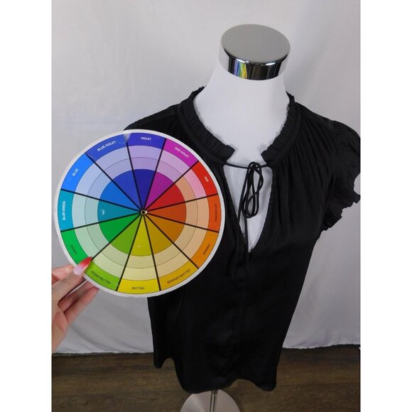 Current Air Blouse Womens XL Black Ruffle Flutter Sleeve Tie Neck Satin Pleated - Picture 9 of 12